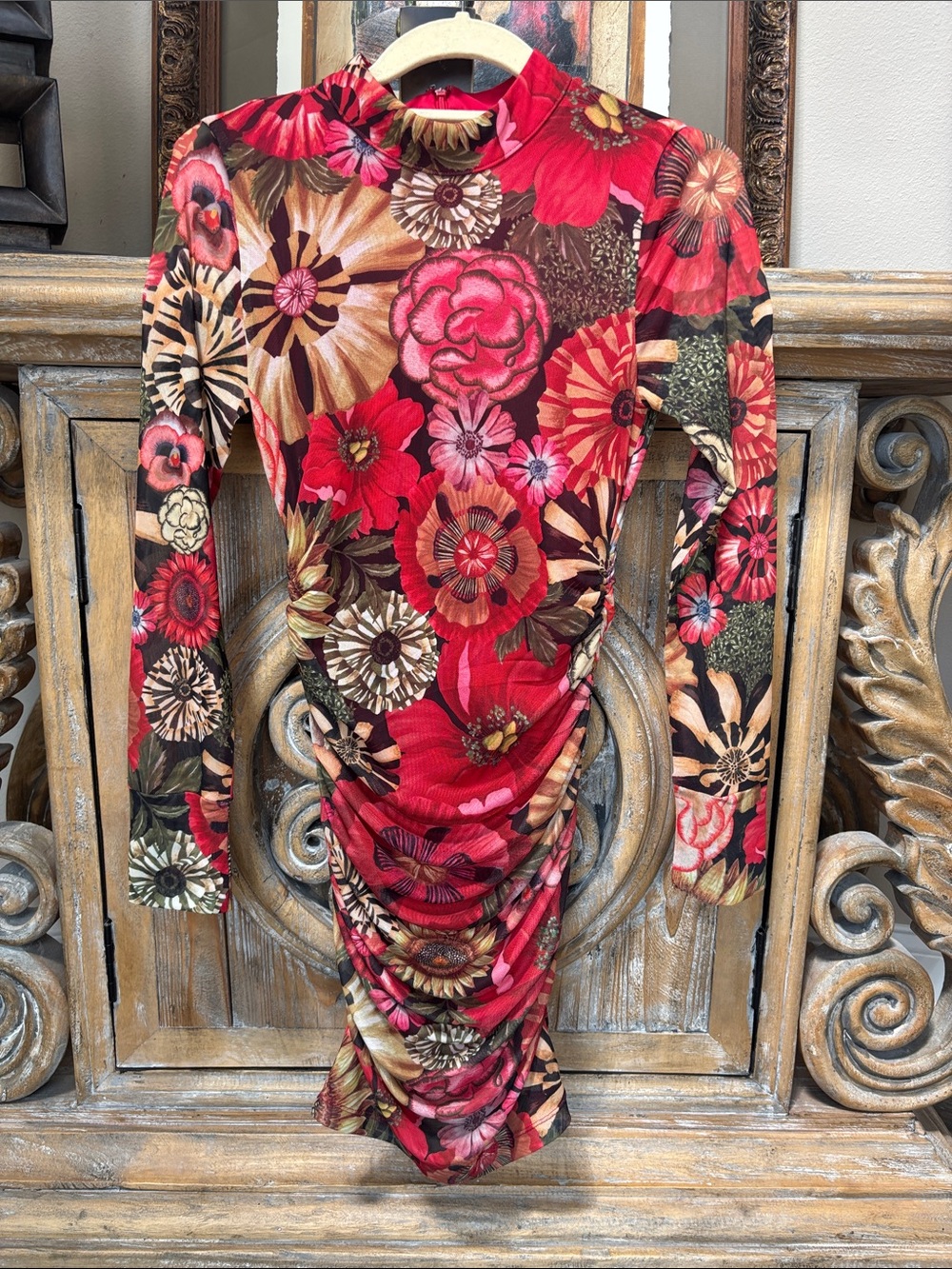 FARM Rio Red Floral Long-Sleeve Ruched Midi Dress